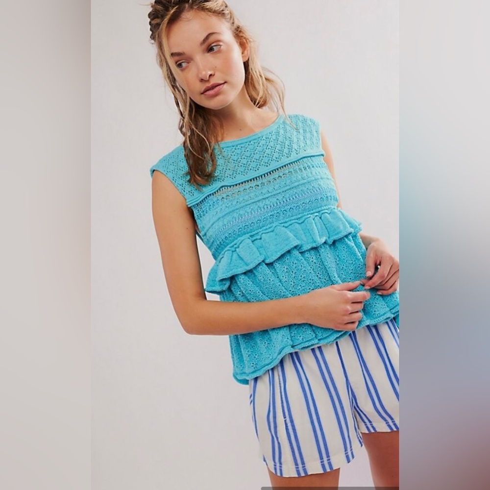 Free People Juliette Ruffle Top NWOT Blue/Turquoise